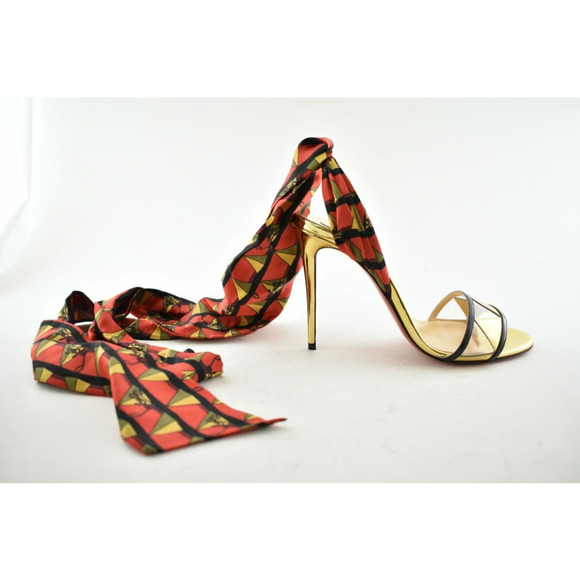 Christian Louboutin Baigneuse 100 Black Gold Red Lace Up Sandal Heel Pump 36.5 - Picture 4 of 12